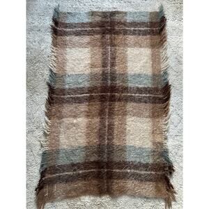 Vintage Mohair & Wool Throw plaid beige blue tan fringed fuzzy 52x36”